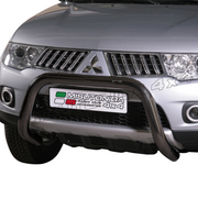A silver Mitsubishi SUV shown from the front, fitted with a black metal bull bar on the front bumper.